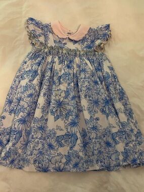 Dondolo 4T Floral and Animal Smocked Dress with Pink Peter Pan Collar